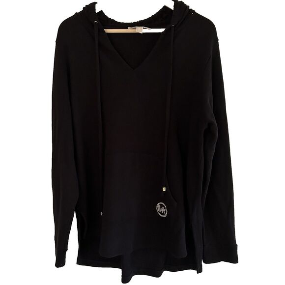 Michael Kors Knit Top Sweater Women's Size 1x Pullover Hooded Black Gold Logo - Picture 1 of 8